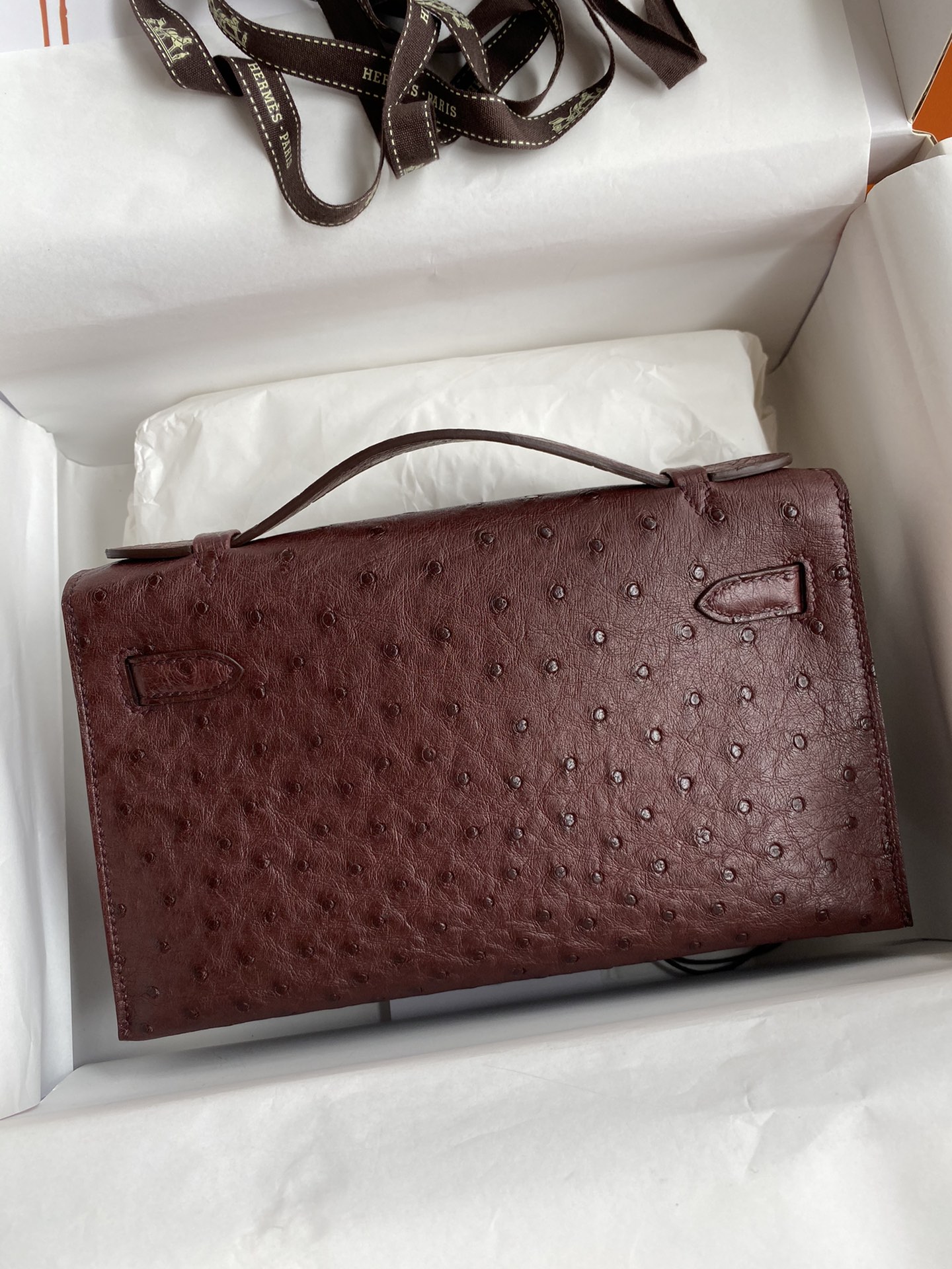 Hermes Mini Kelly Pochette 22cm Bag In Burgundy Ostrich Leather